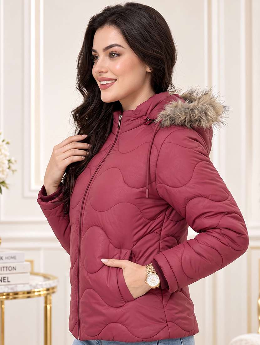Women Solid Long Sleeves Hooded Quilted Jacket - 22748739 -  Standard Image - 2