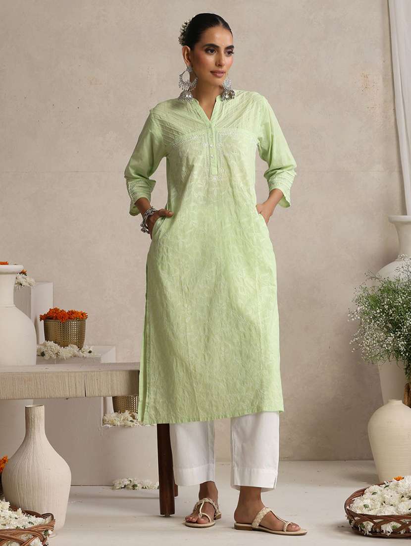 Women Embroidered Three Quarter Sleeves Straight Kurta - 22755544 -  Standard Image - 2