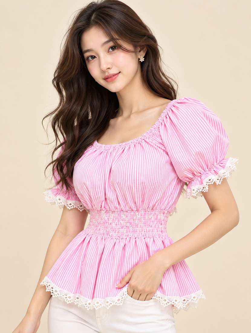Women Striped Puff Sleeves Peplum Top - 22755712 -  Standard Image - 2