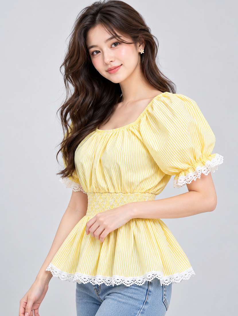 Women Striped Puff Sleeves Peplum Top - 22755713 -  Standard Image - 2
