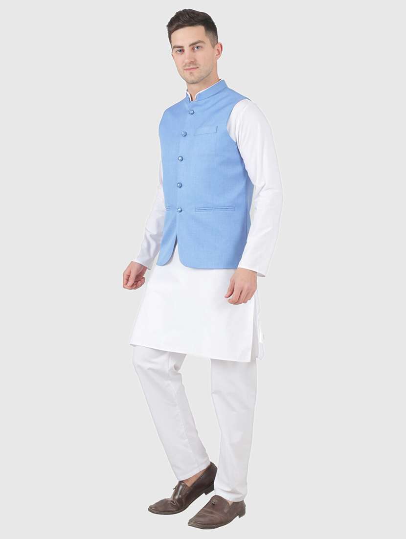 Men Solid Mandarin Neck Kurta Pyjama With Jacket Ethnic Set - 22756200 -  Standard Image - 2