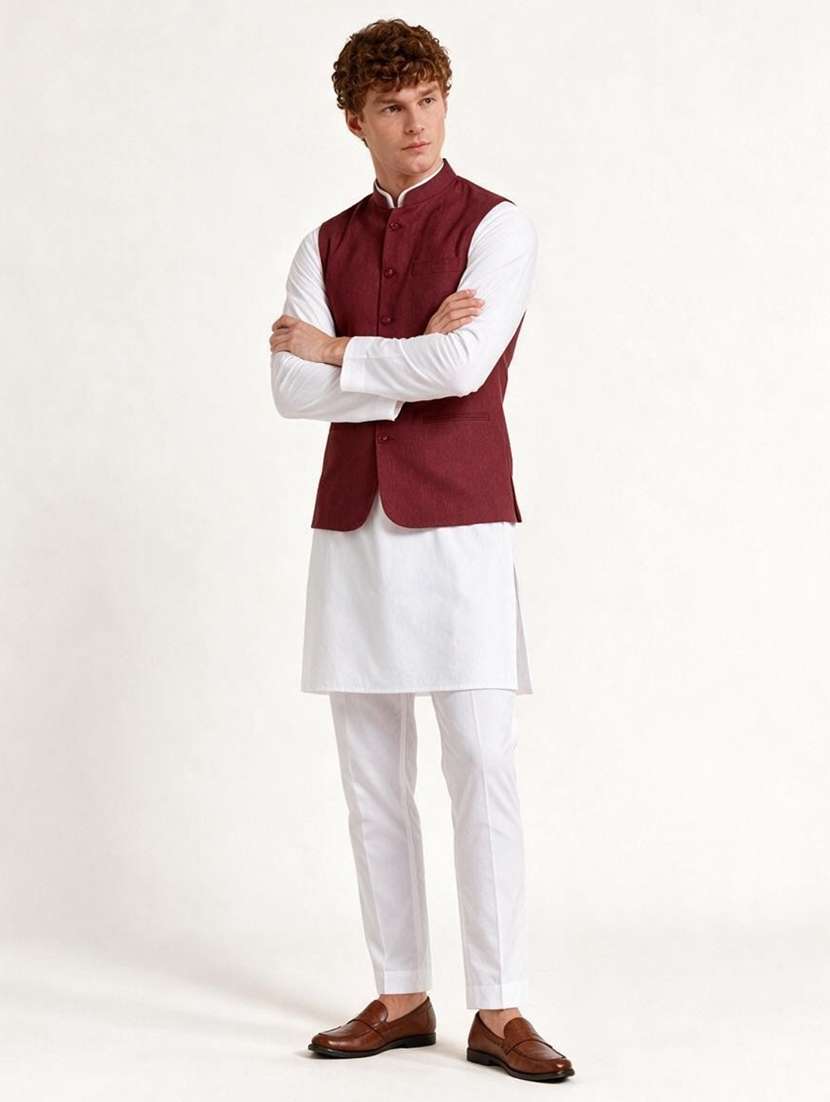 Men Solid Mandarin Neck Kurta Pyjama With Jacket Ethnic Set - 22756204 -  Standard Image - 2