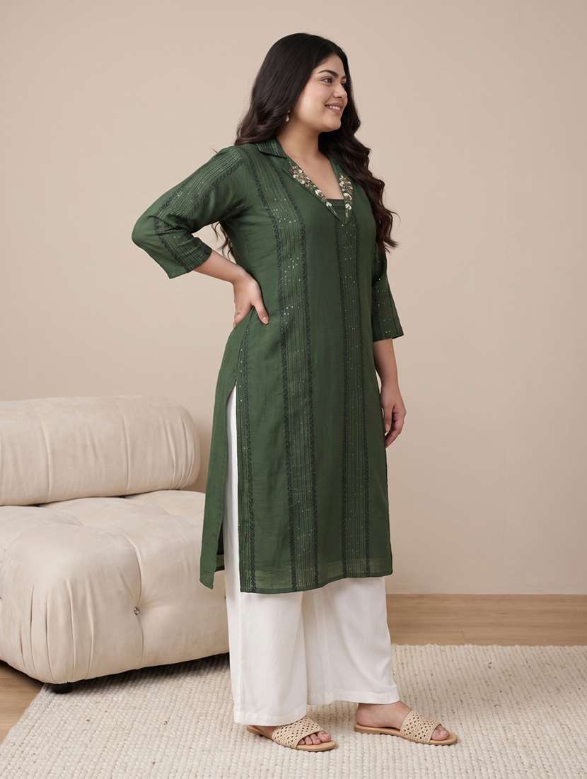 Women Solid With Work Three Quarter Sleeve Straight Kurta - 22757037 -  Standard Image - 2