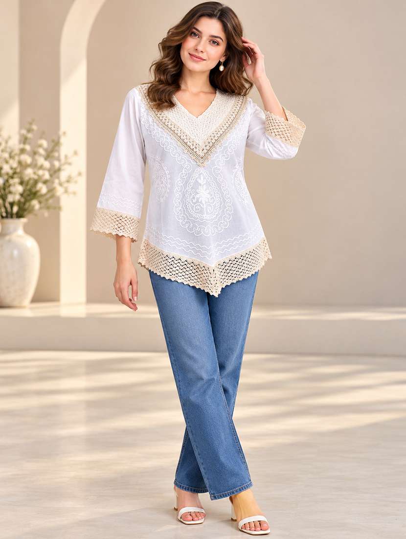 Women Embroidered Three Quarter Sleeves Asymmetric Top - 22760961 -  Standard Image - 2