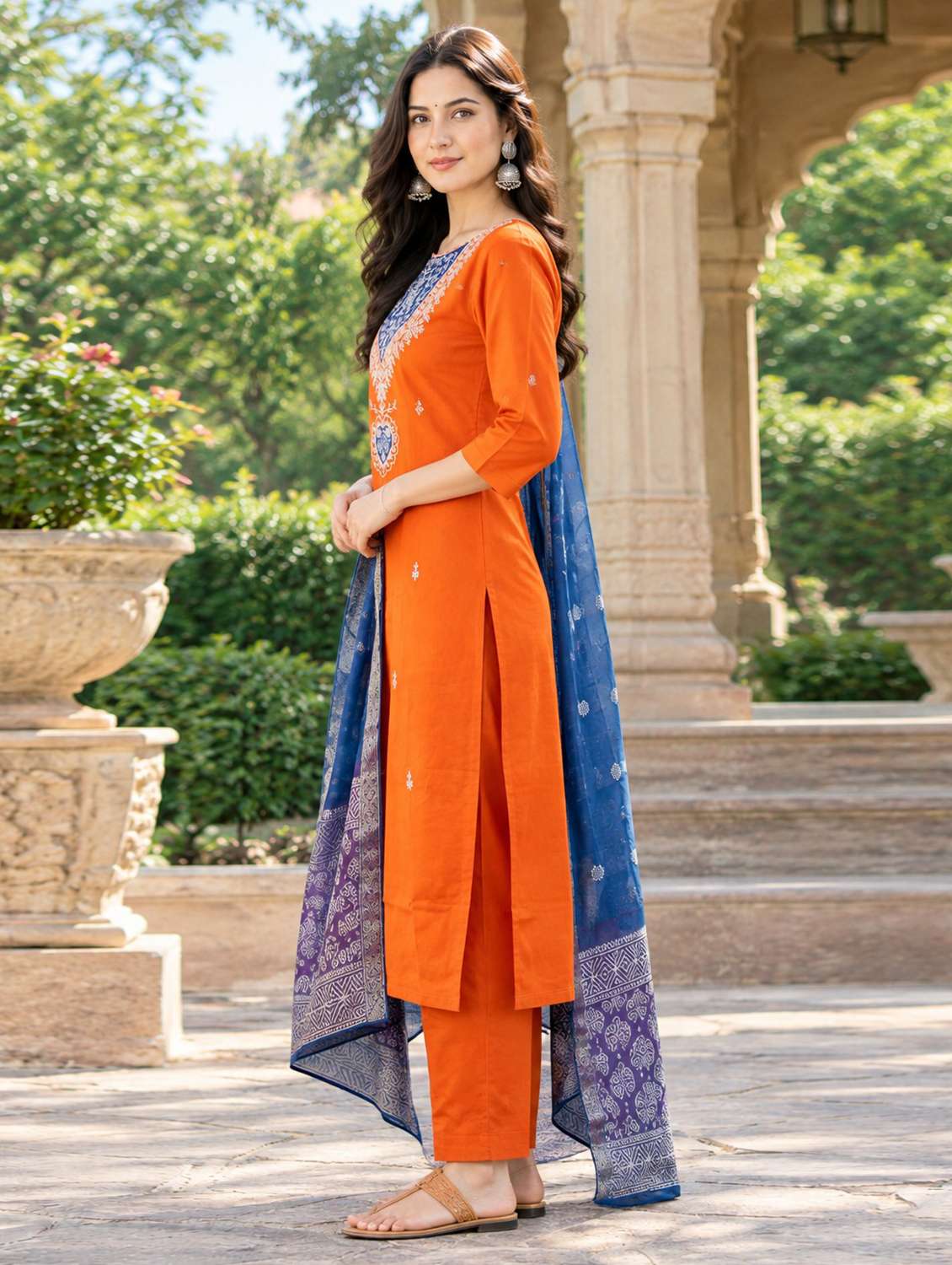 Women Solid With Work Three Quarter Sleeve Kurta Pant With Dupatta Set - 22760970 -  Standard Image - 2