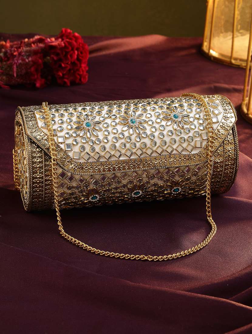 gold embellished white floral party clutch with chain