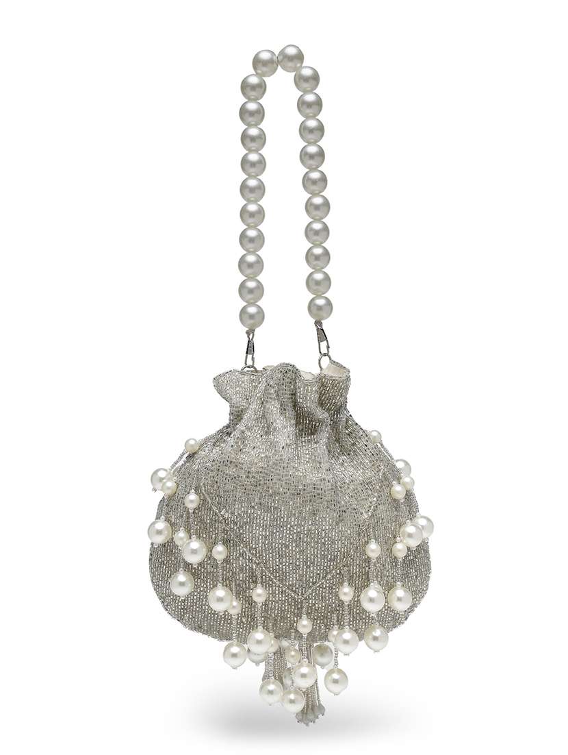 Silver Faux Silk Embellished Potli Bag With Pearl Handle - 22761289 -  Standard Image - 2