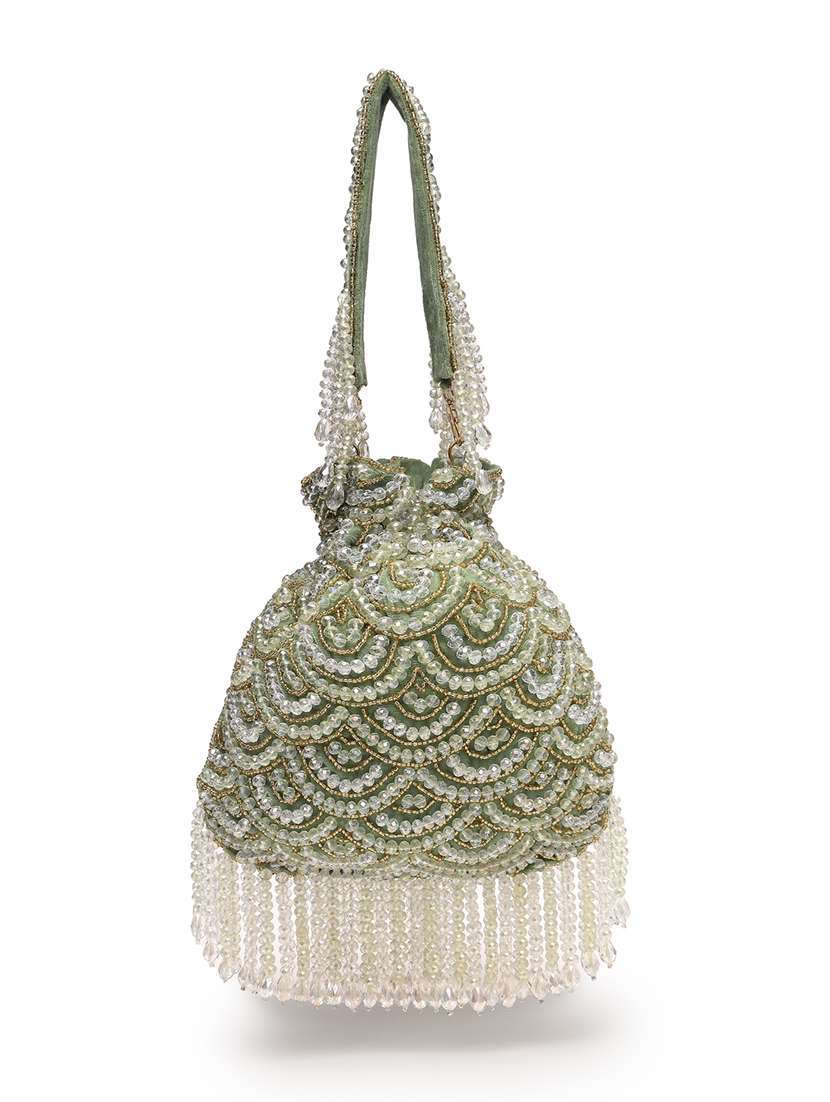 Green Velvet Embellished Potli Bag With Drawstring Closure - 22761291 -  Standard Image - 2