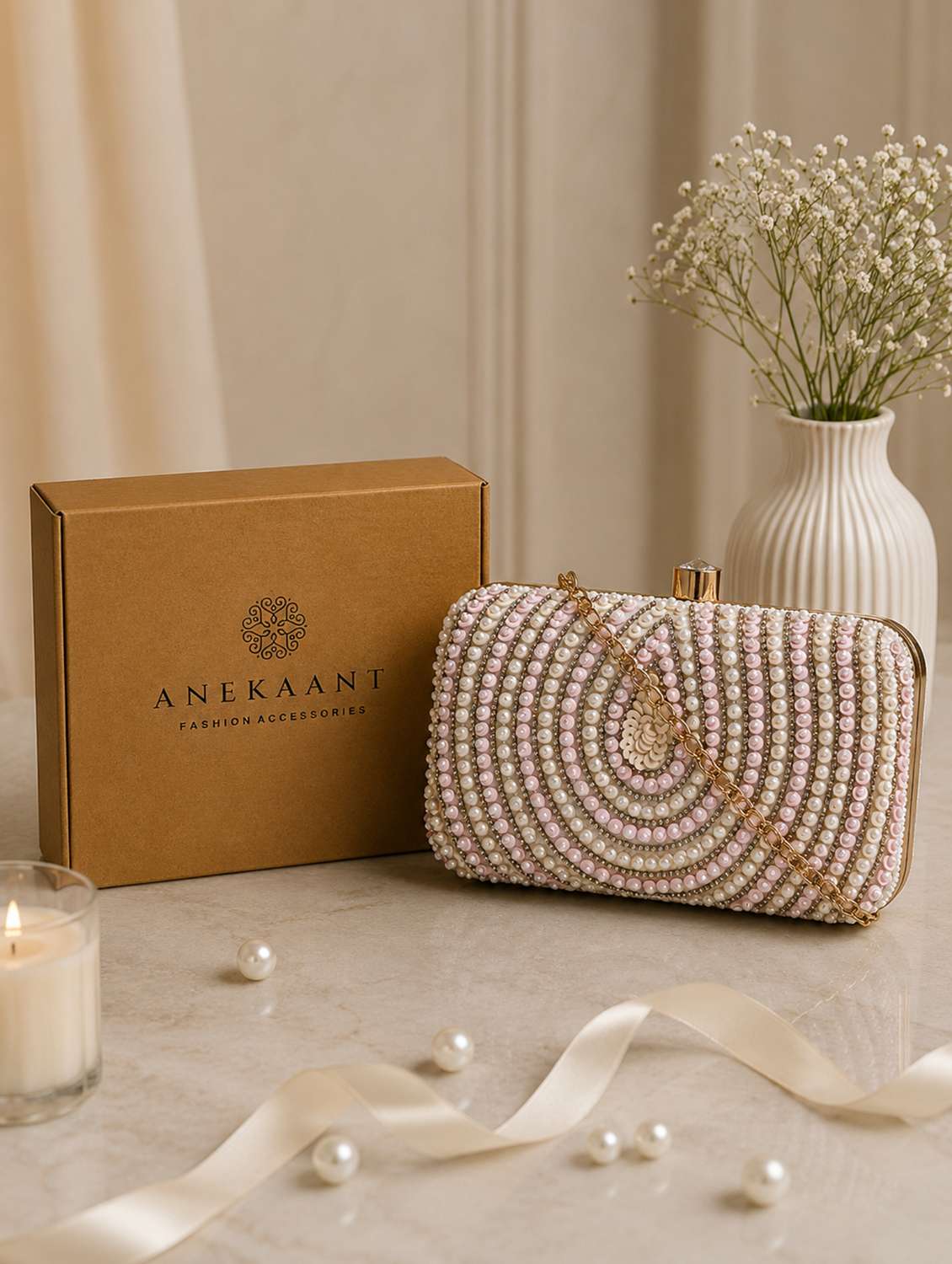 off white embellished with pearls box clutch