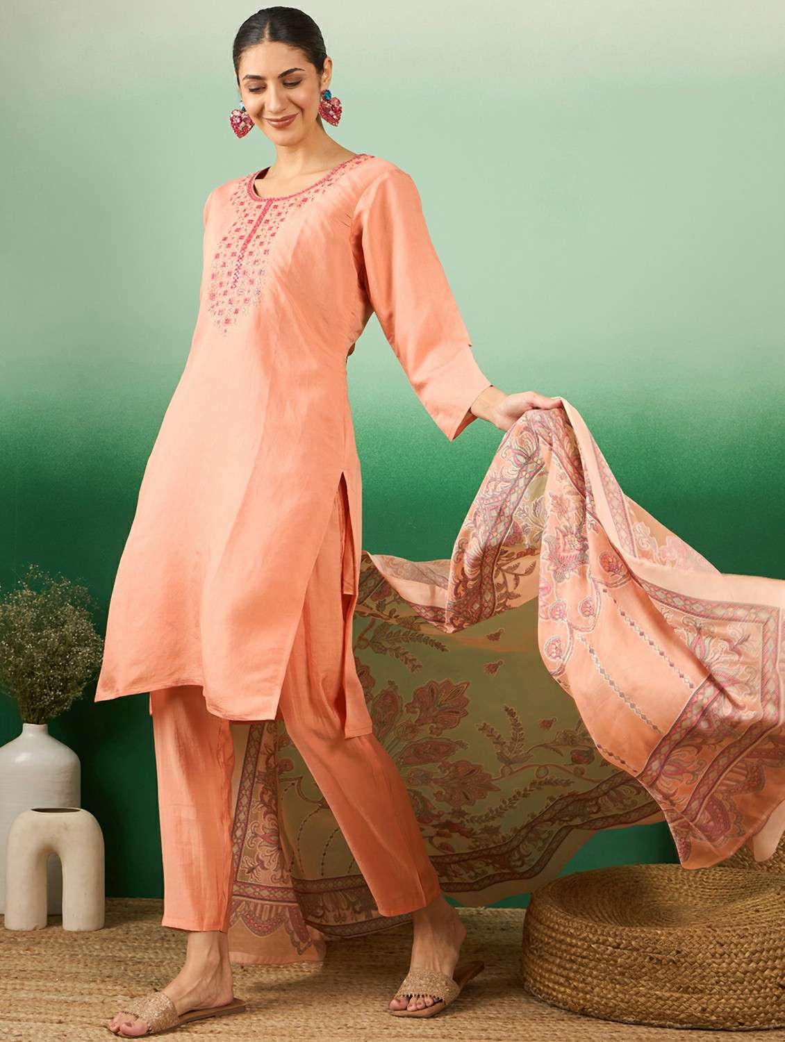 Women Solid With Work Three Quarter Sleeve Kurta Pant With Dupatta Set - 22765725 -  Standard Image - 2
