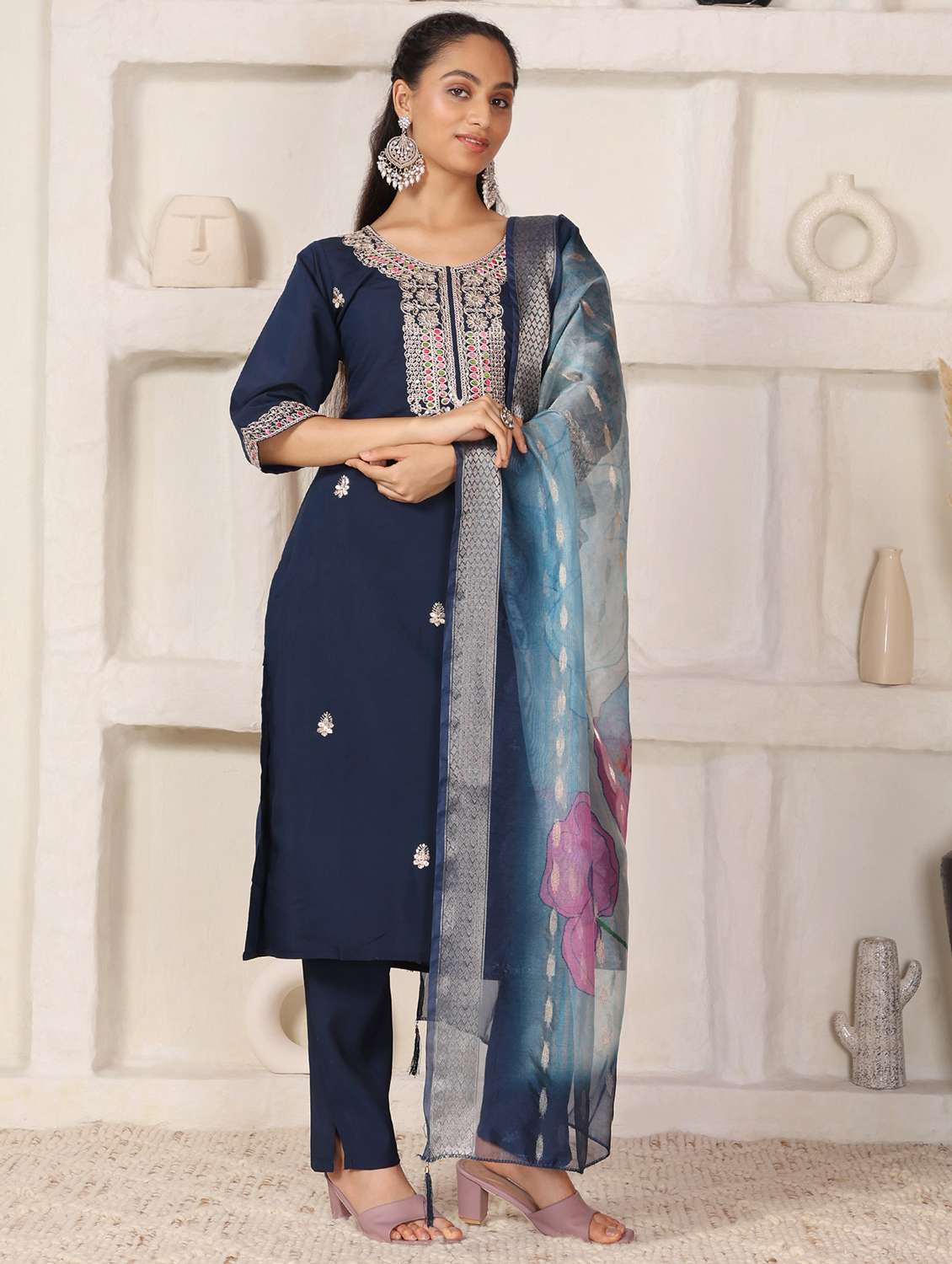 Women Solid With Work Three Quarter Sleeve Kurta Pant With Dupatta Set - 22765771 -  Standard Image - 2
