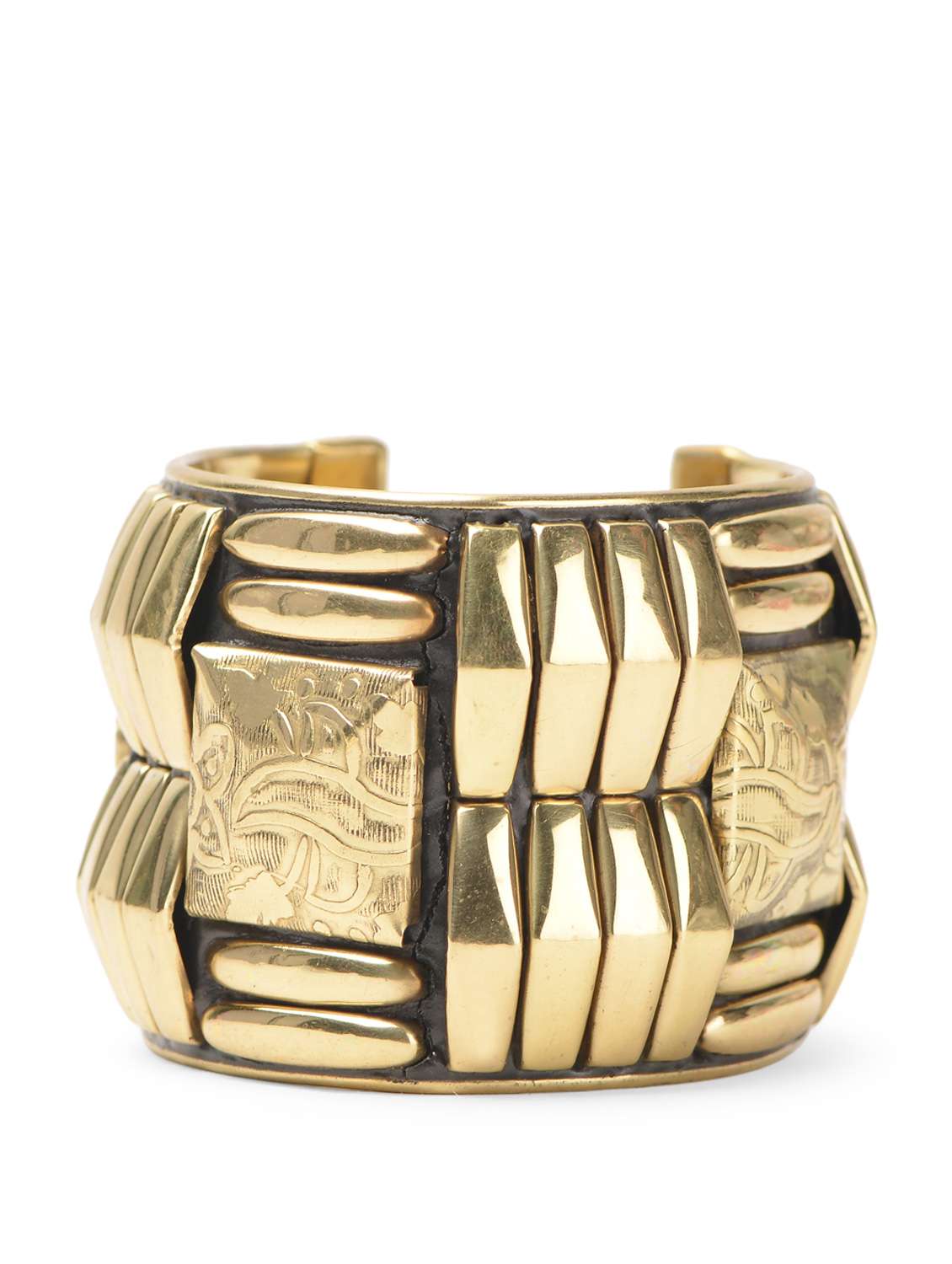 aztec-inspired geometrically carved gold cuff