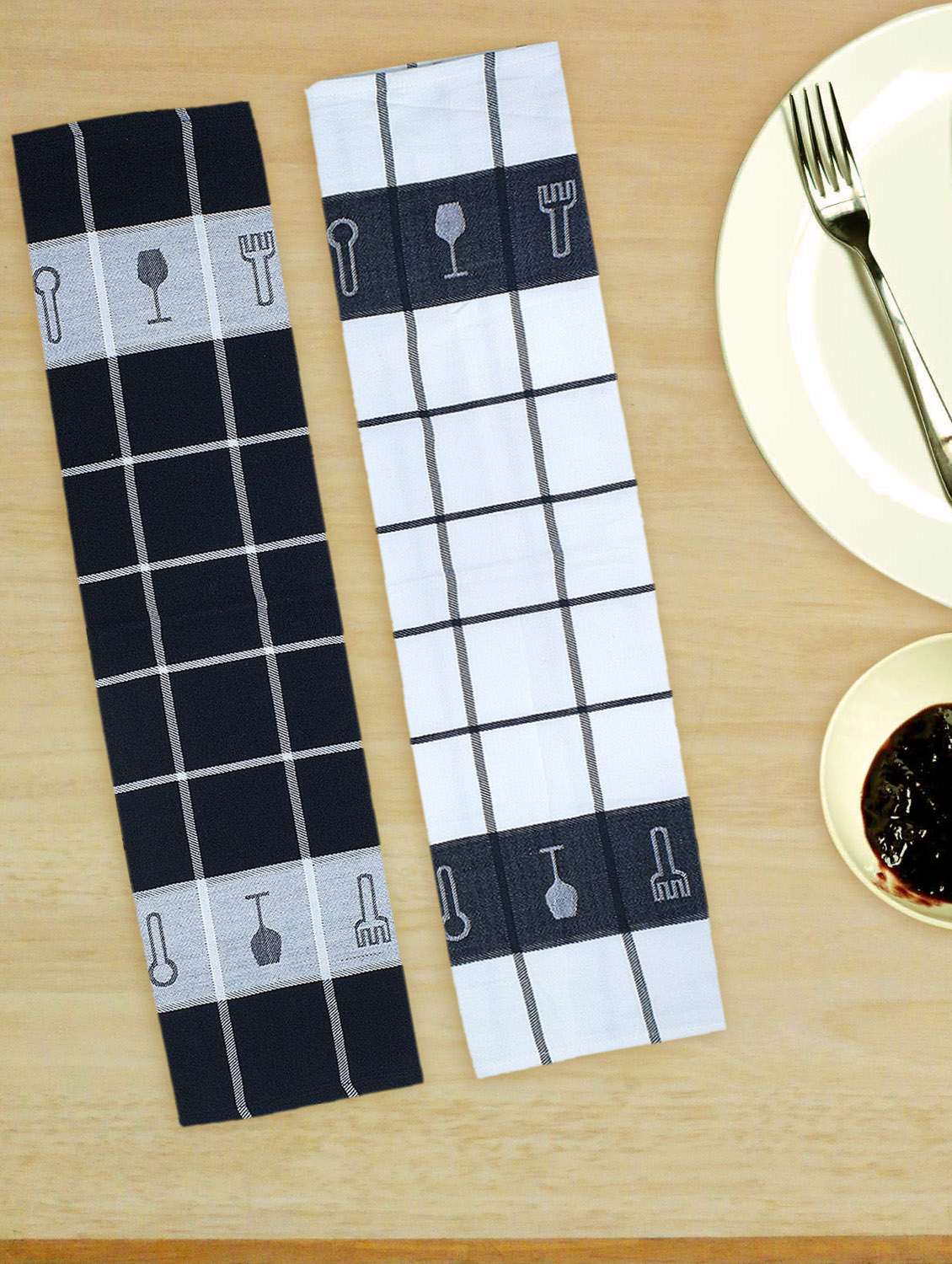 cutlery printed monochrome jacquard kitchen towels