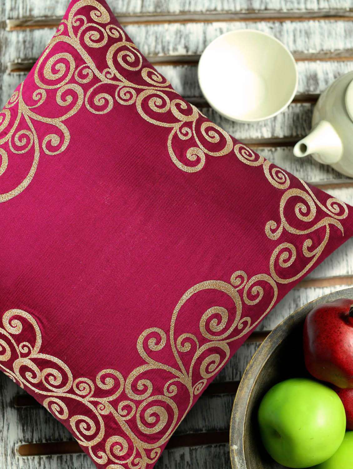 filigree embroidered magenta & golden cushion cover