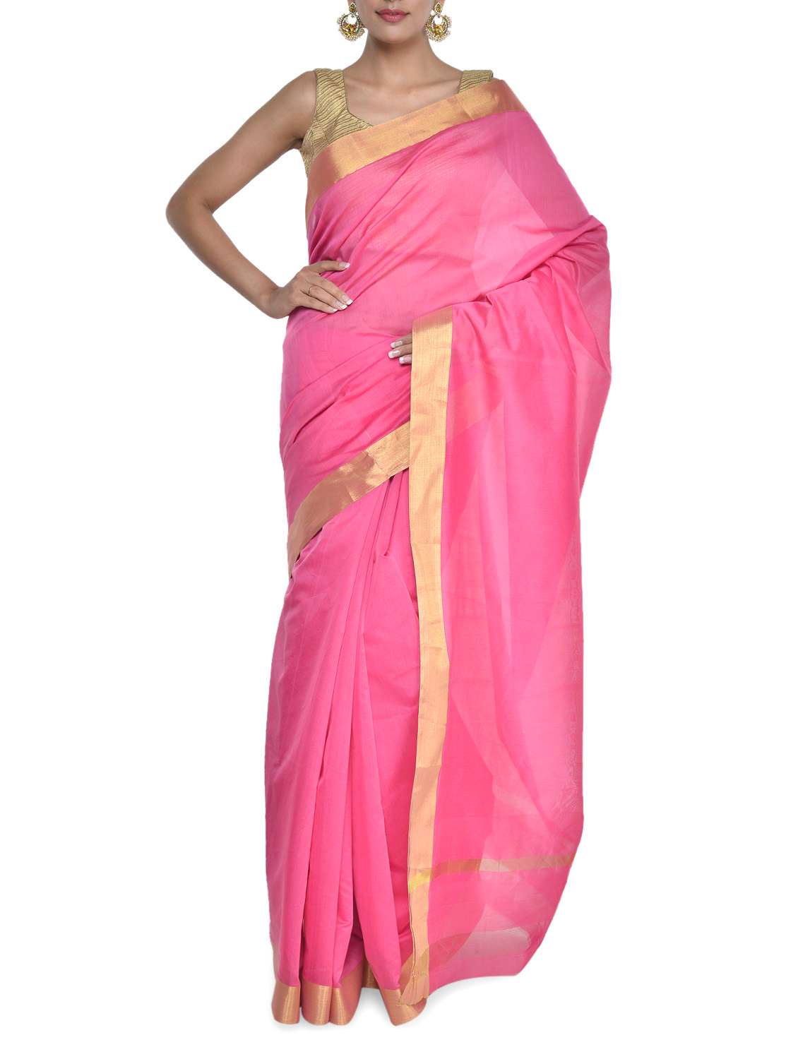 chic pink saree with gold border