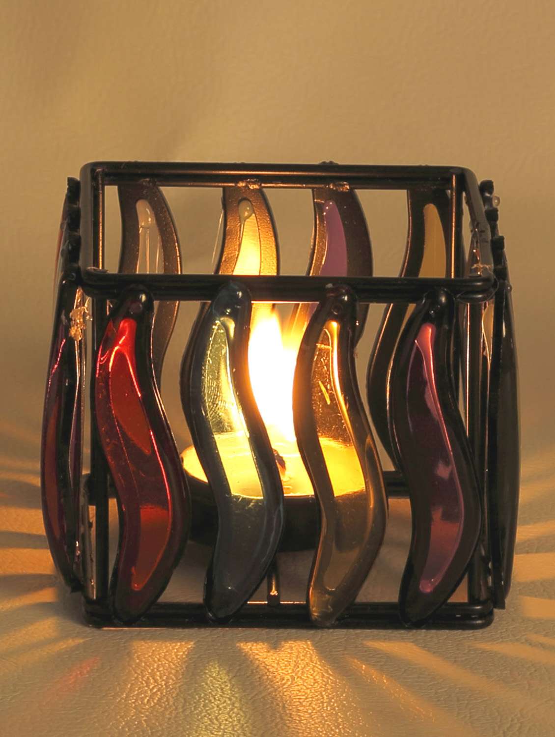 multi color glass panes square wrought iron tea light holder