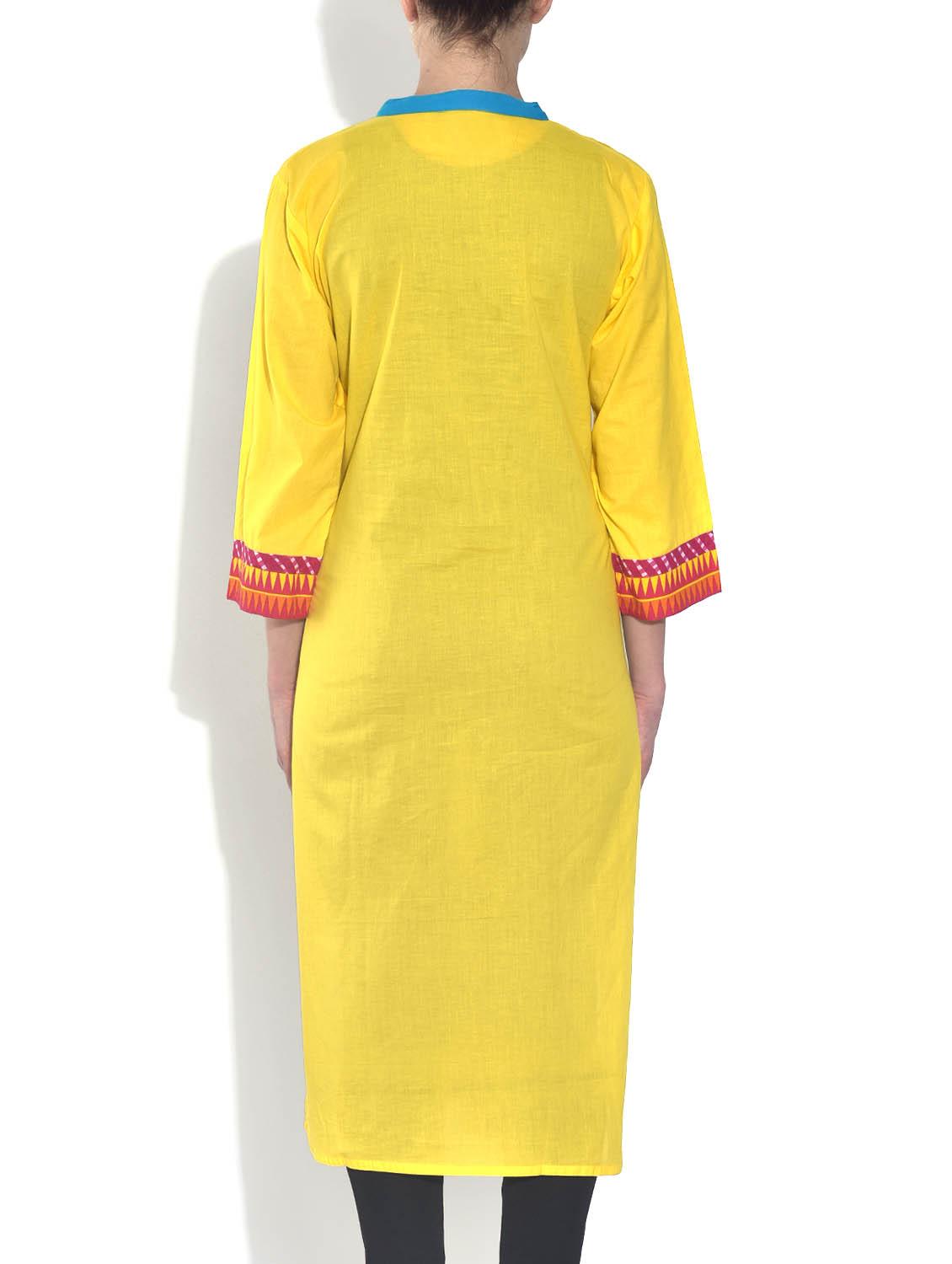 yellow cotton straight kurta - 9540156 - Standard Image - 2