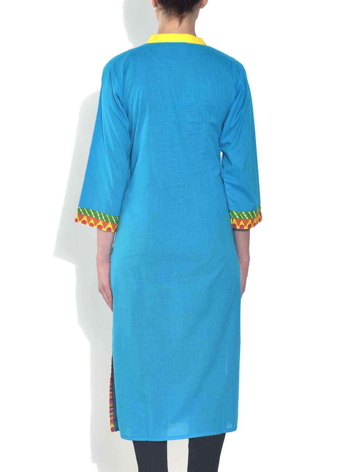 blue cotton straight kurta - 9540157 - Standard Image - 2