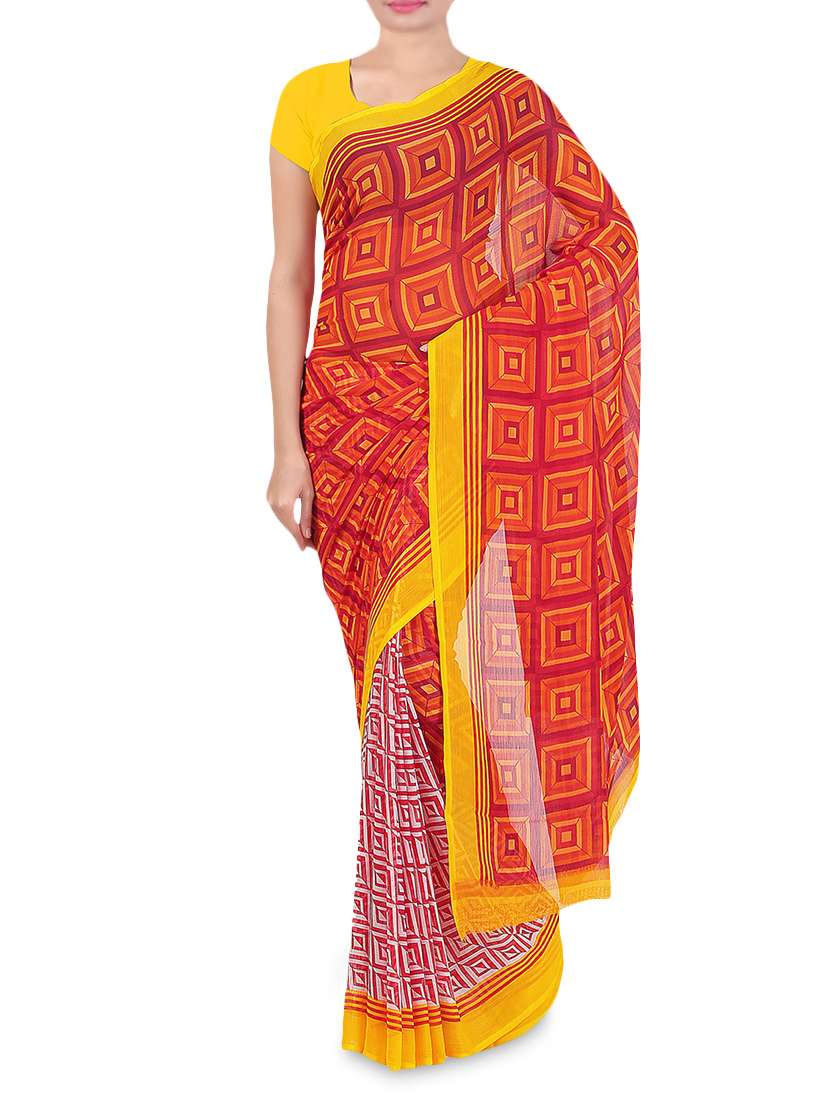 red chiffon printed saree with blouse