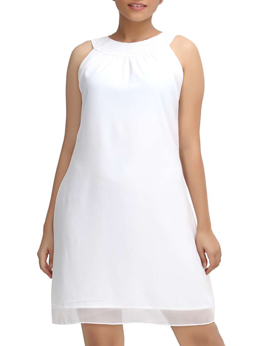 white georgette  sleeveless a-line dress