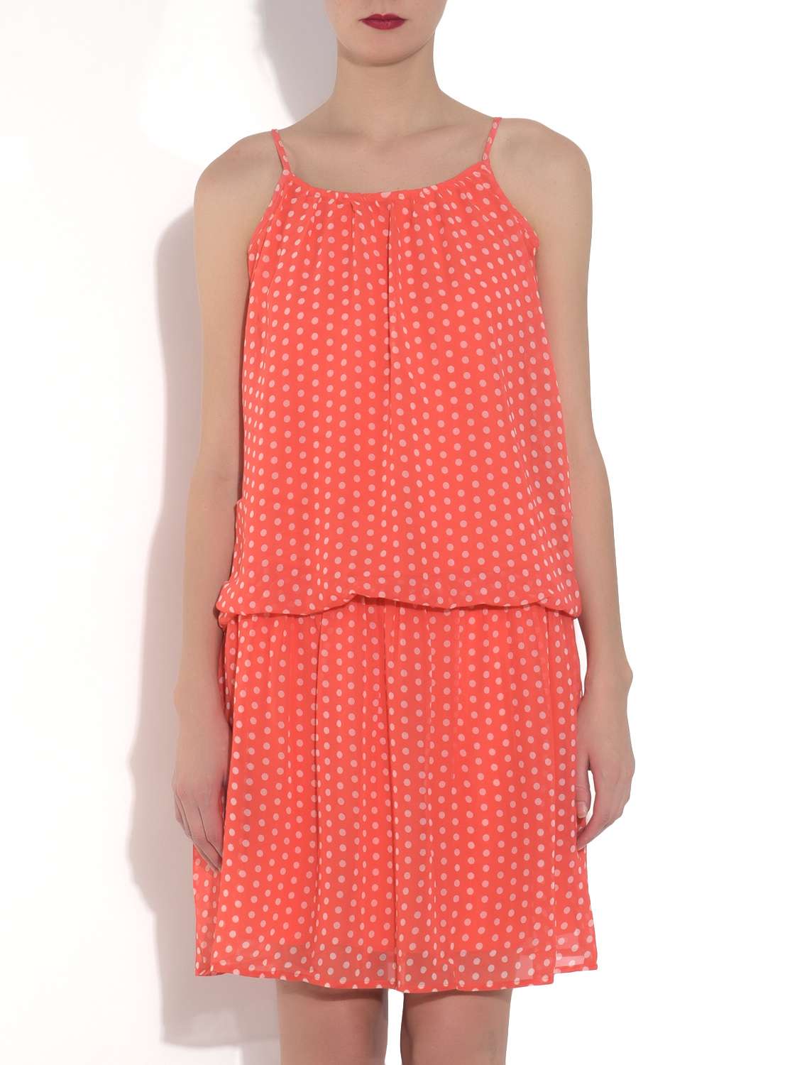 orange polka dots sleeveless blouson dress