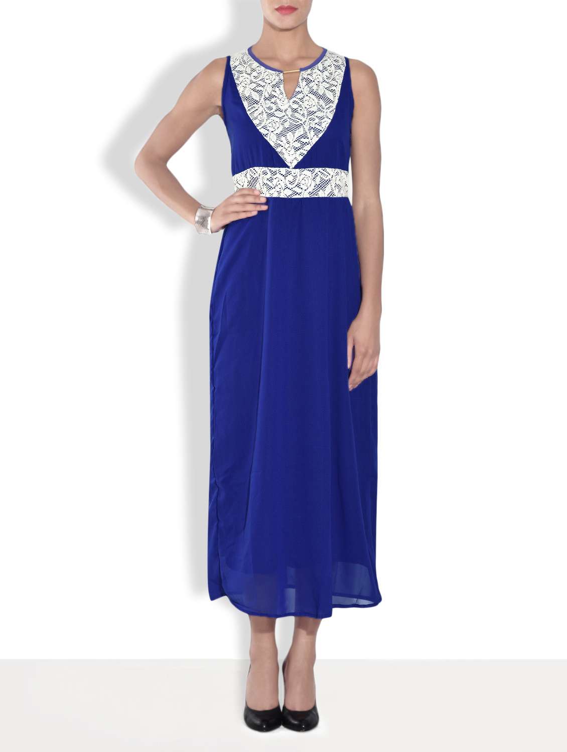 royal blue poly crepe dress with lace details