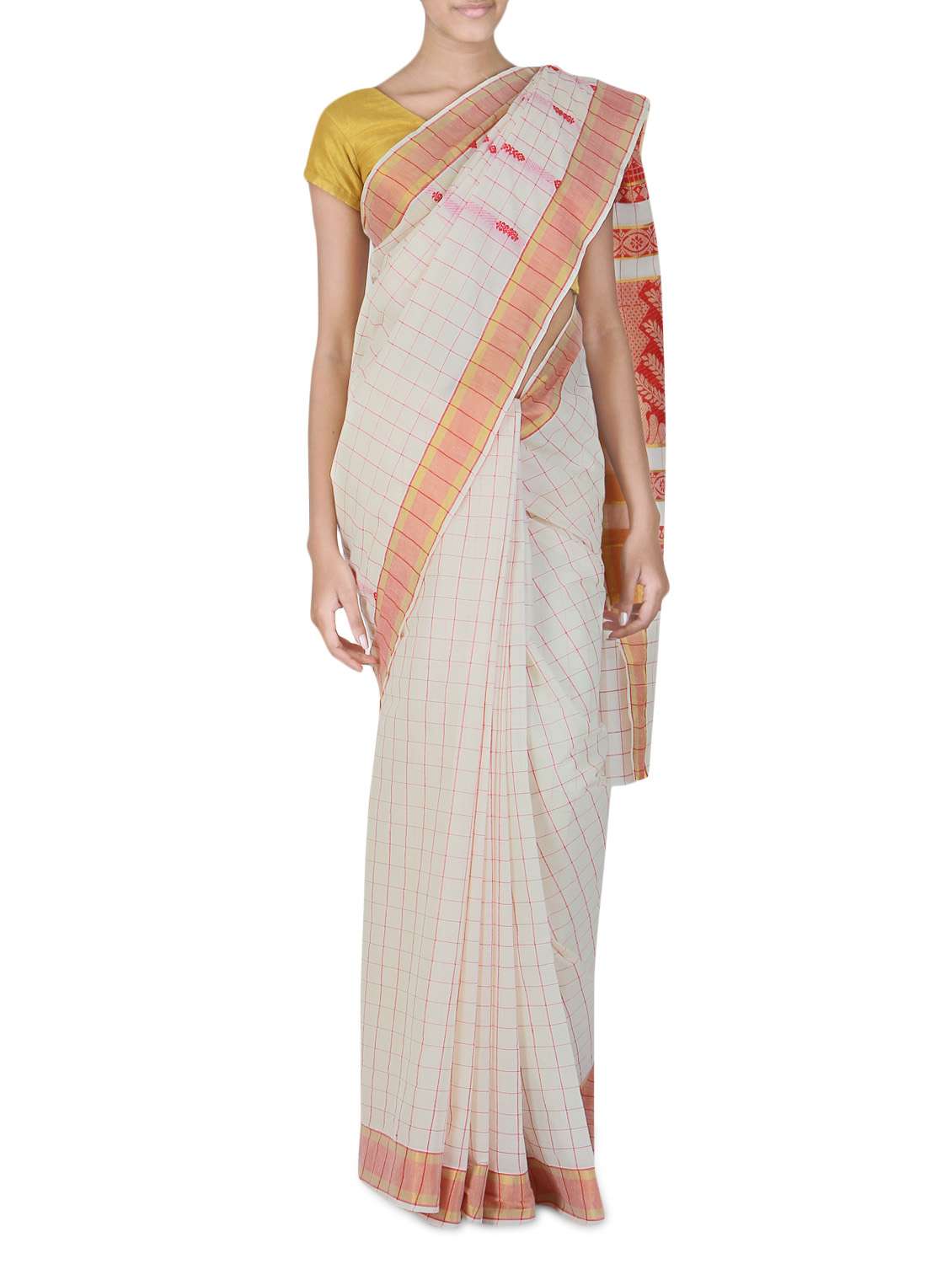  white cotton checkered kasavu saree with blouse