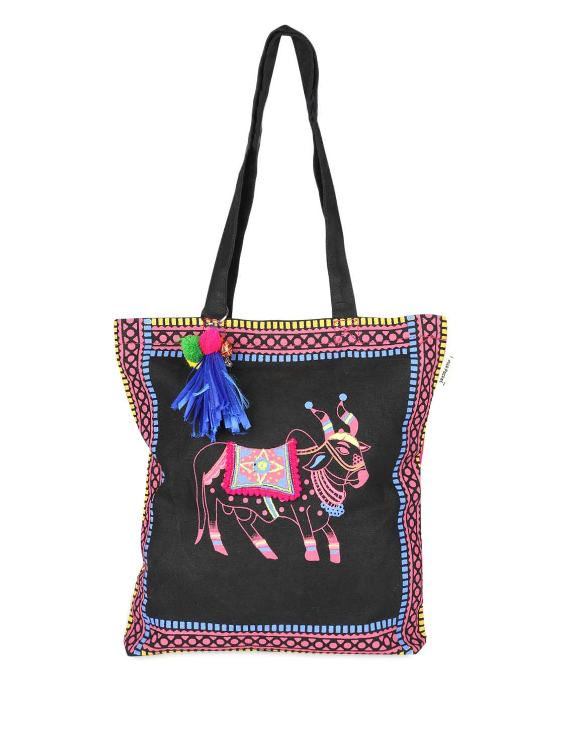 black tote bag with multi-coloured embroidery
