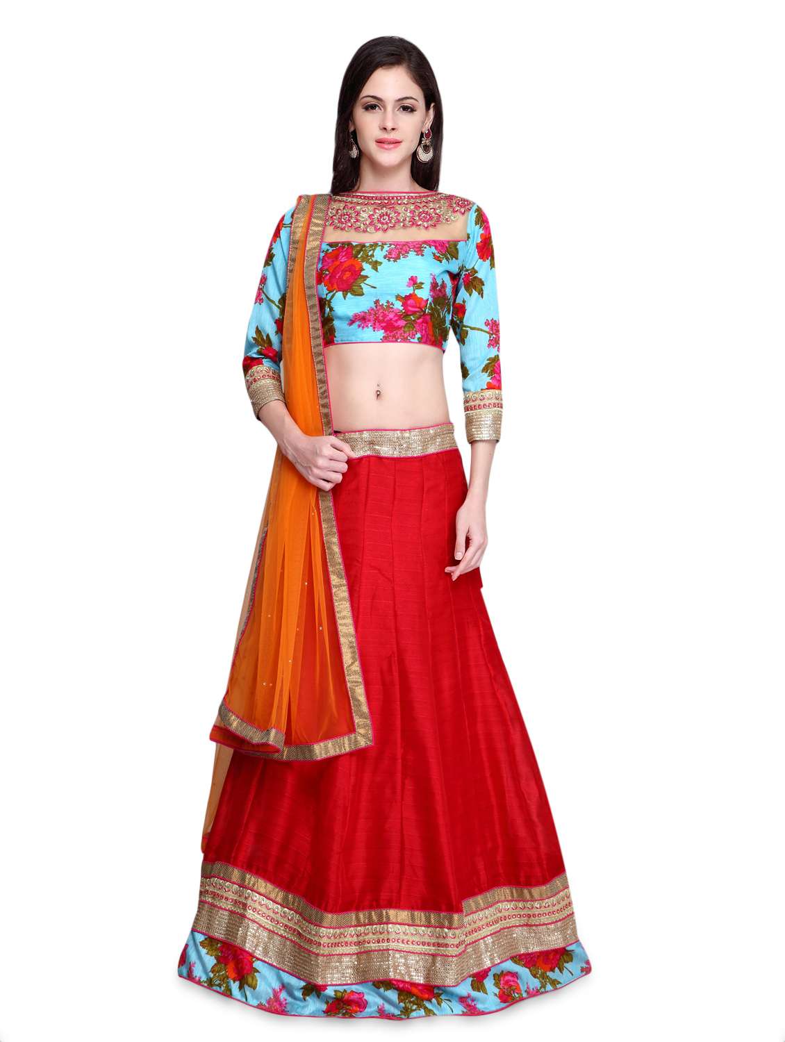 red embroidered silk lehenga set