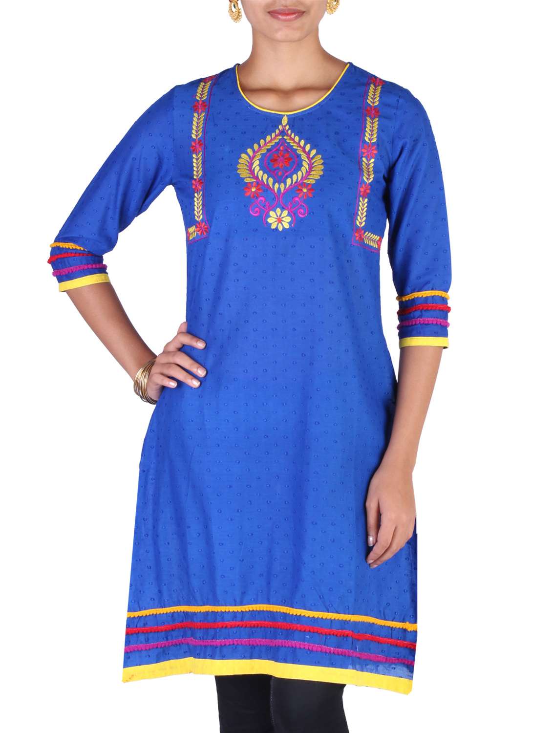 blue cotton a-line embroidered kurta