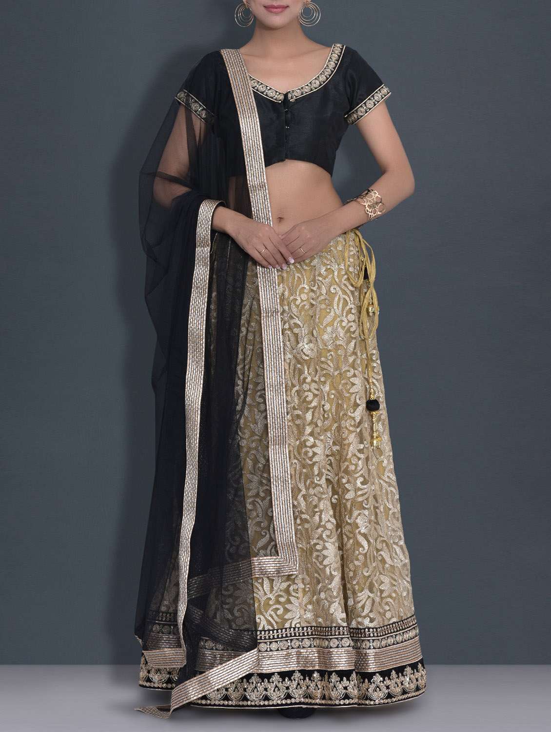 gold embroidered net and dupion silk lehnga set