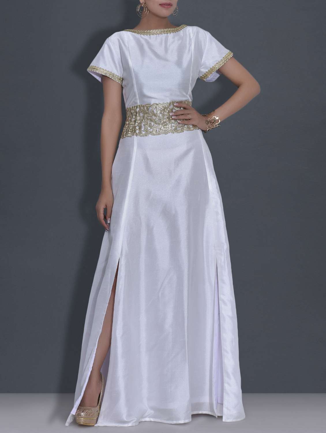 white embroidered poly dupion dress