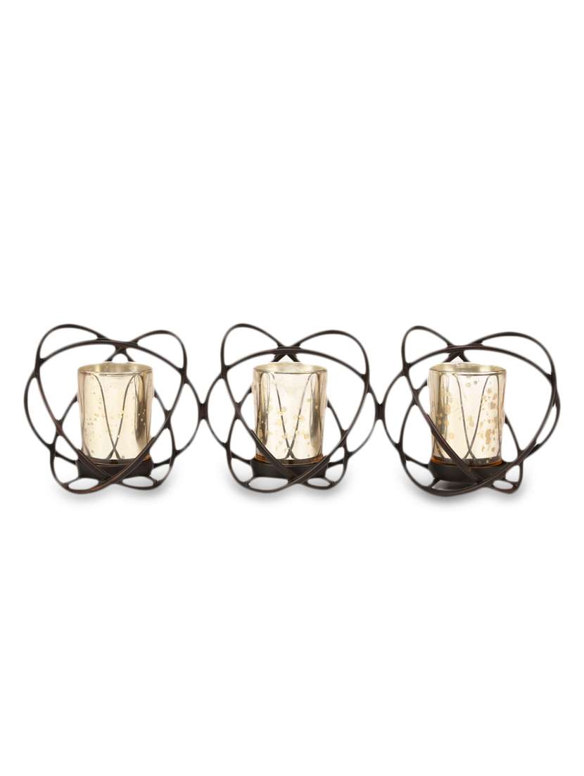 brown iron and glass tea light holders with gold glass