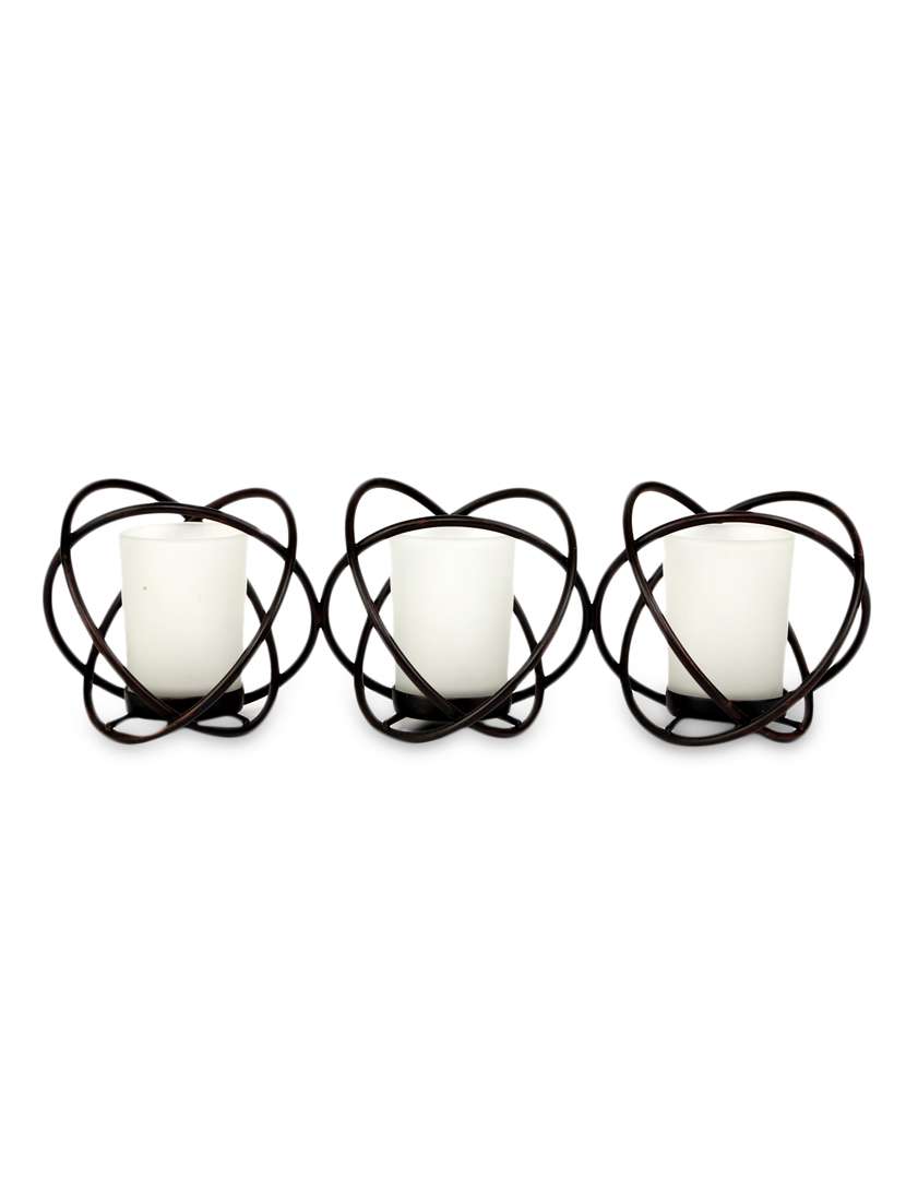 brown iron and glass tea light holders with frosted glass