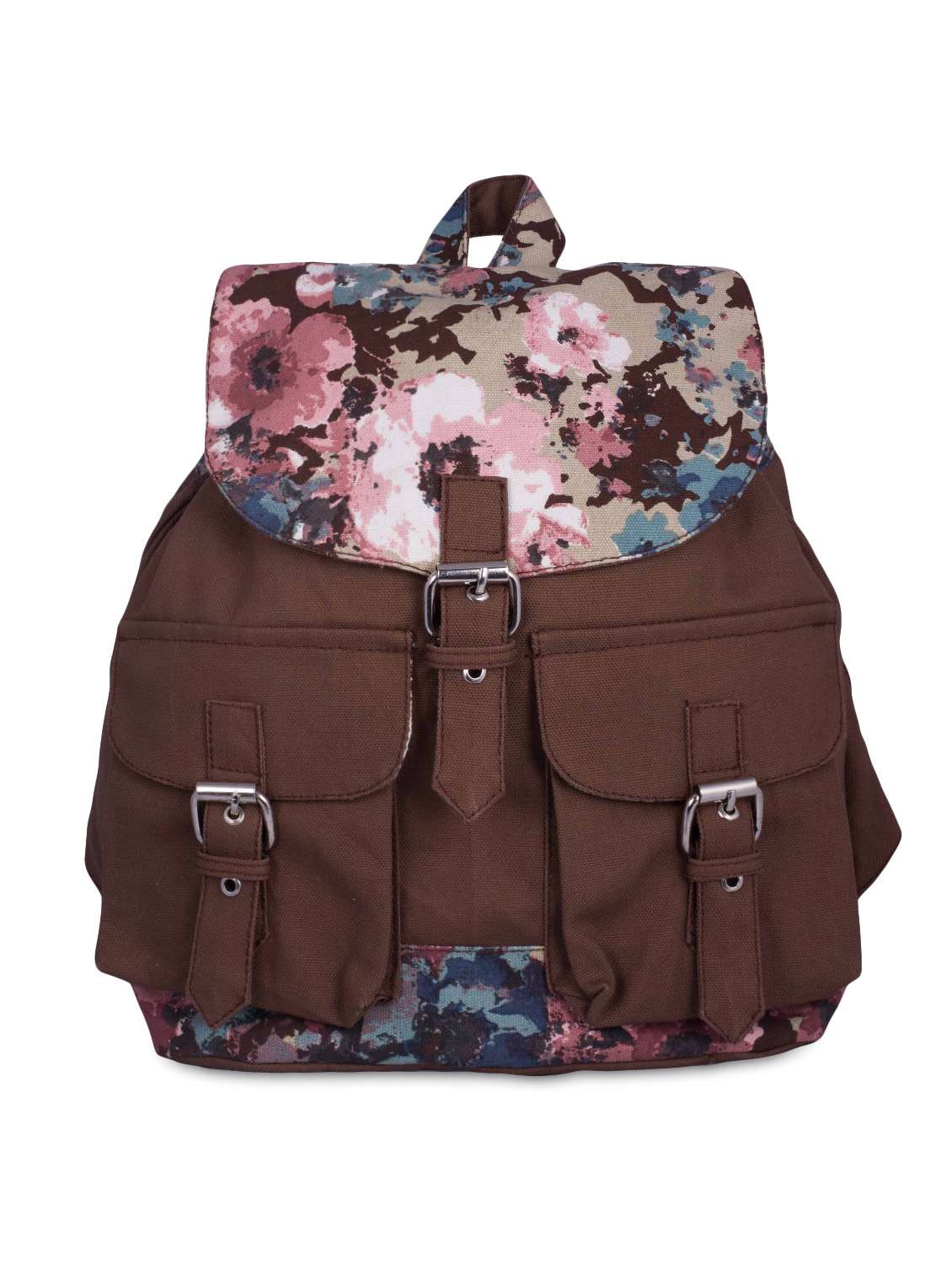 brown floral printed canvas backpack