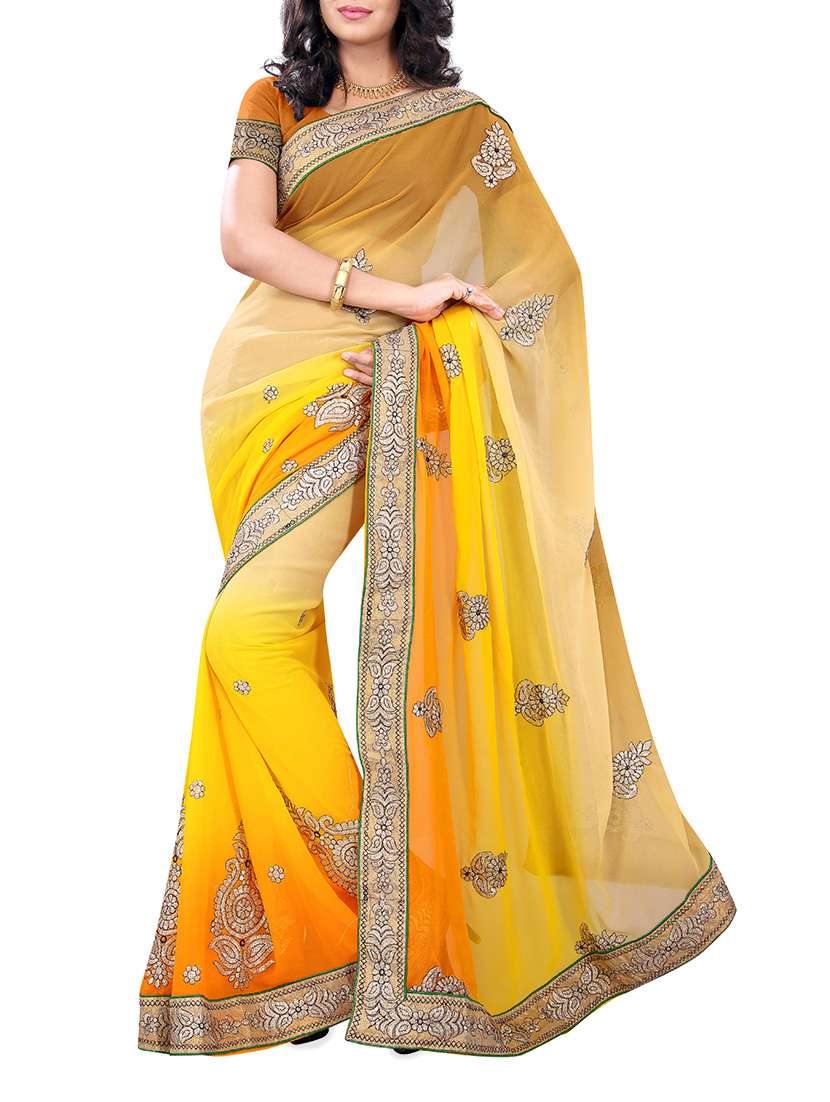 brown & yellow chiffon embroidered saree