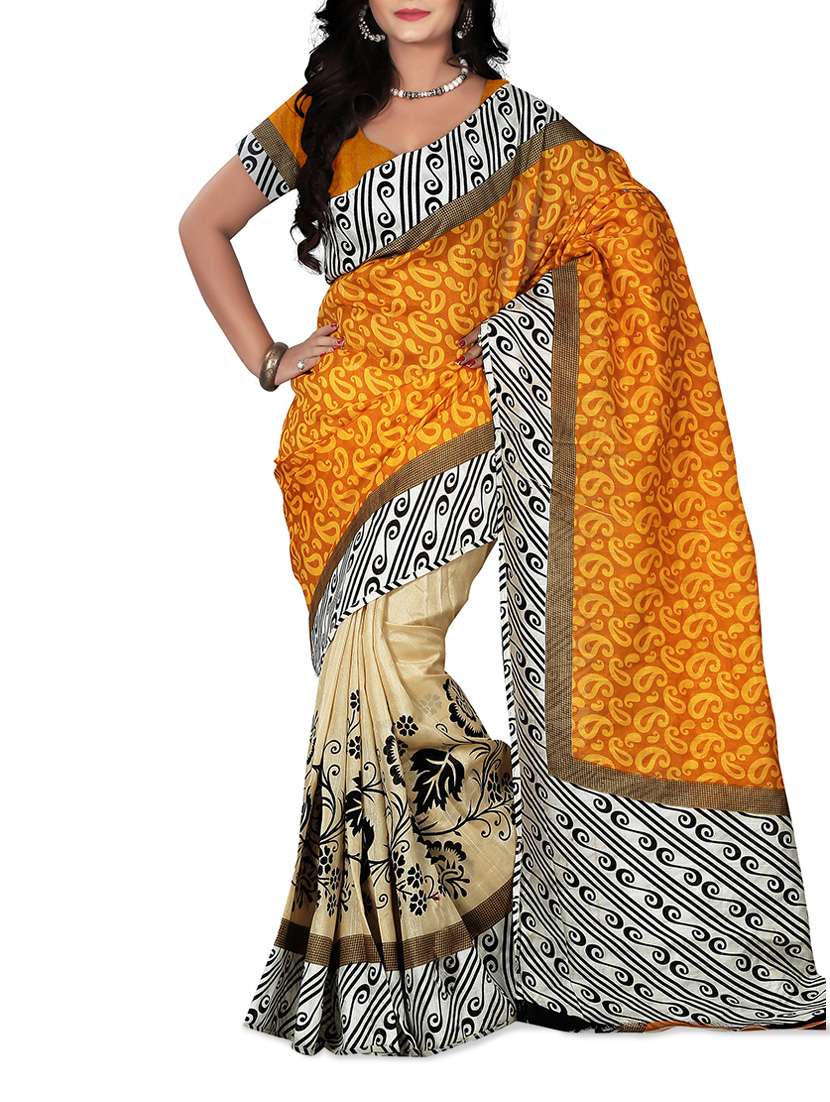 yellow bhagalpuri silk printed saree