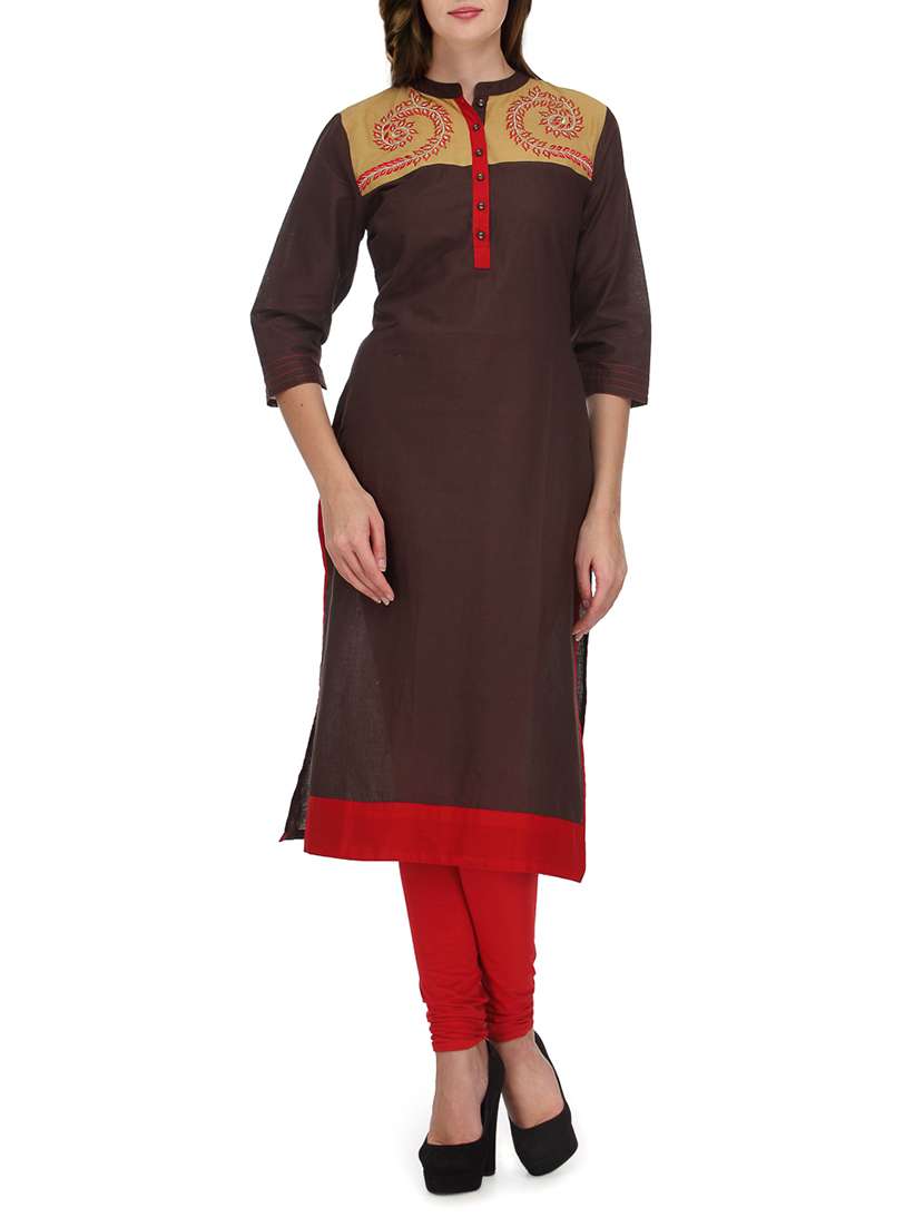 coffee brown embroidered mandarin collar cotton kurta