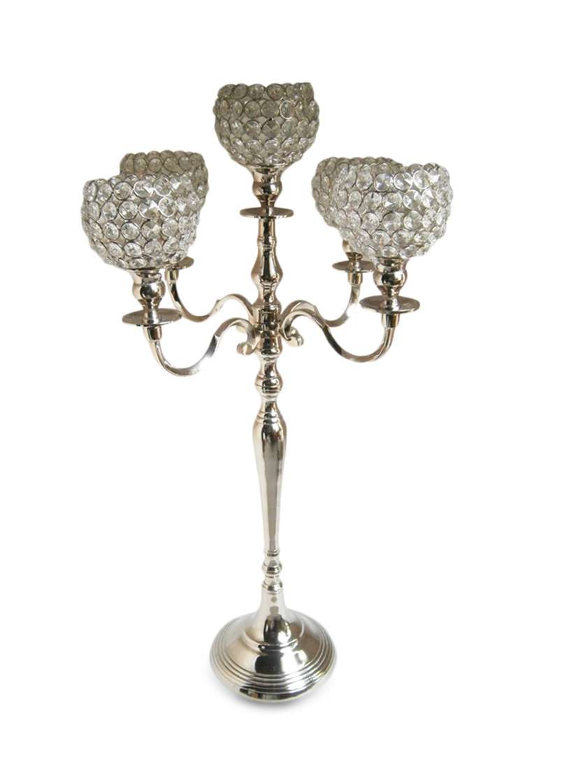 clear n silver five branched candle stand