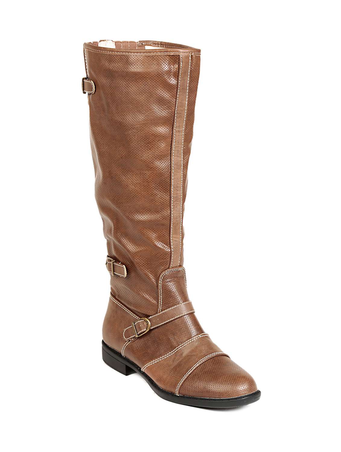 buckle detailed brown leather knee-high boots
