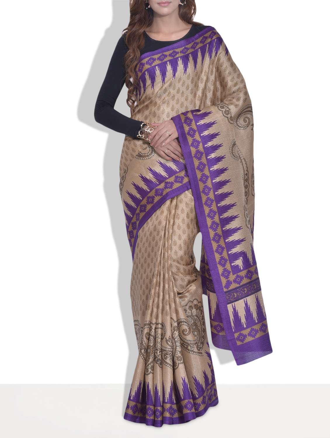 beige and purple printed silk saree