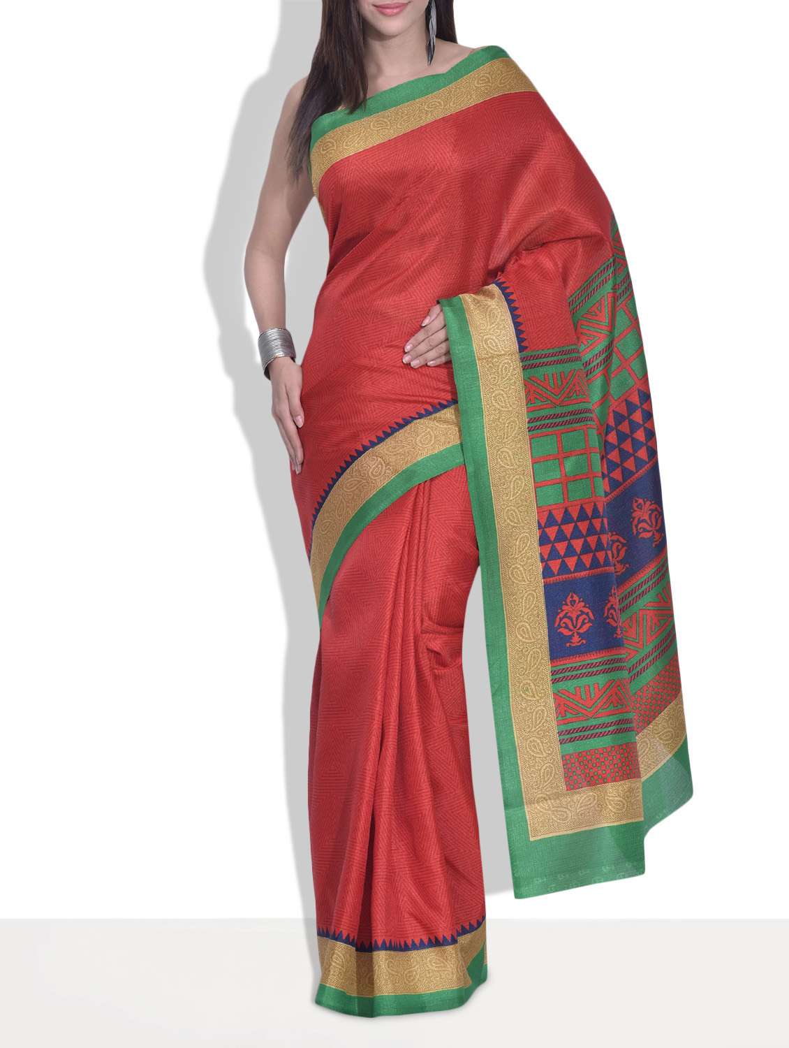 red printed silk saree