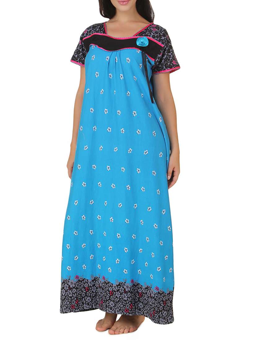 blue shinker cotton printed  long nighty