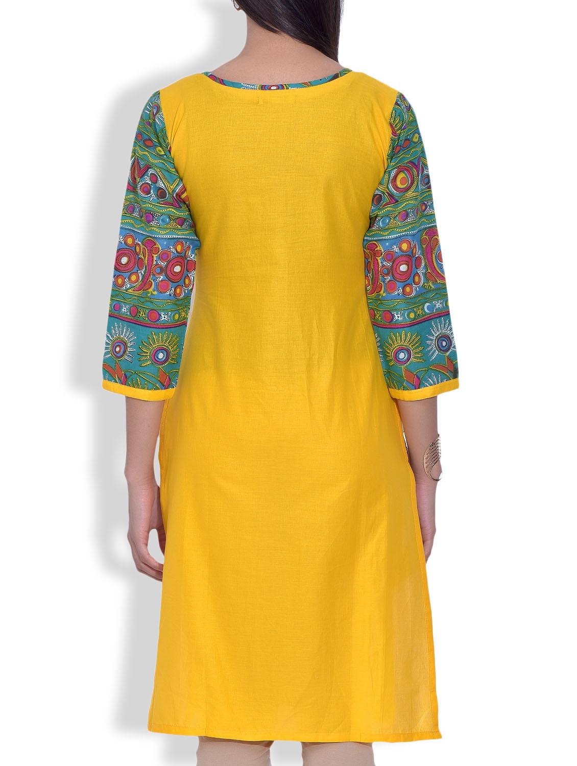 yellow printed sleeved cotton kurti - 9620810 - Standard Image - 2