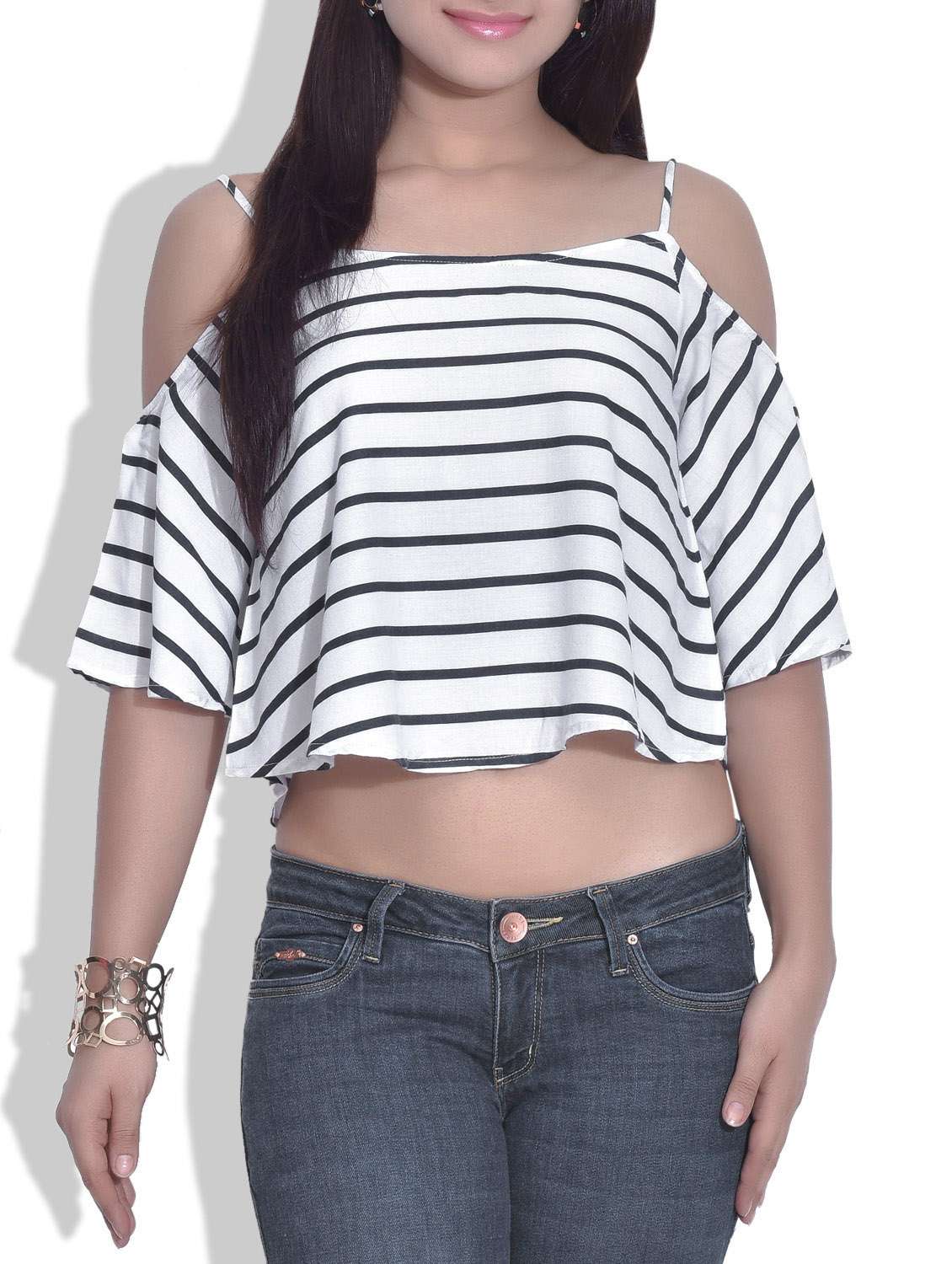 cold shoulder striped crop top