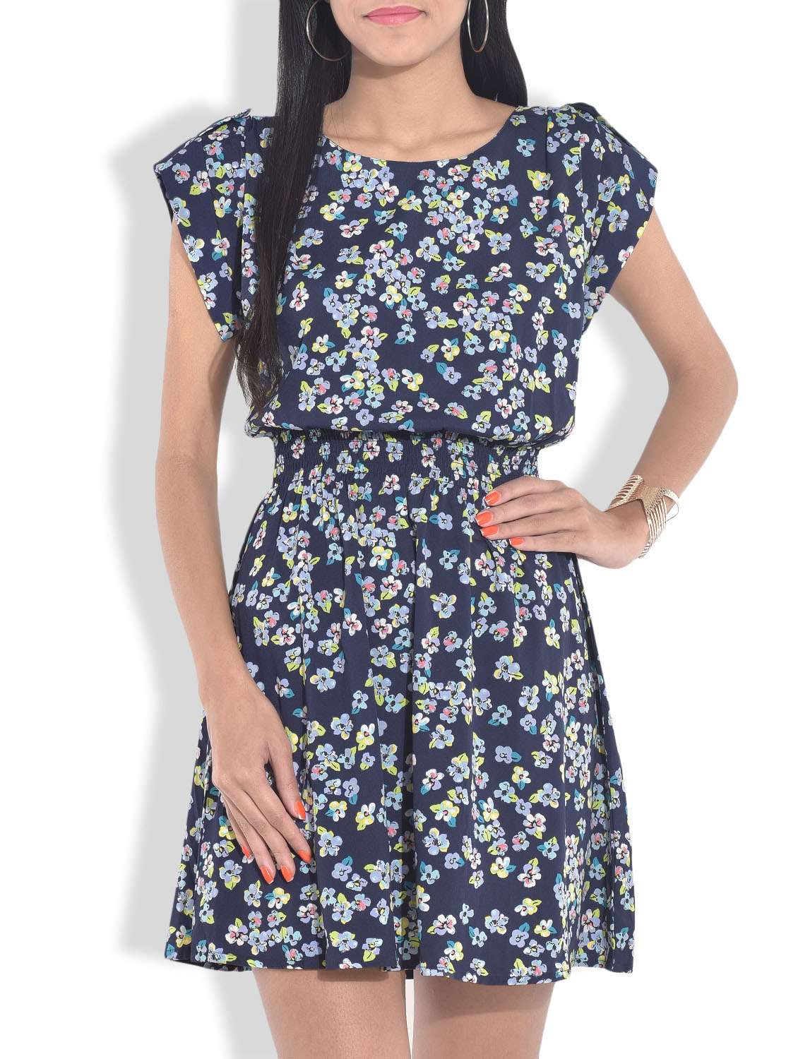 navy blue printed gathered dress