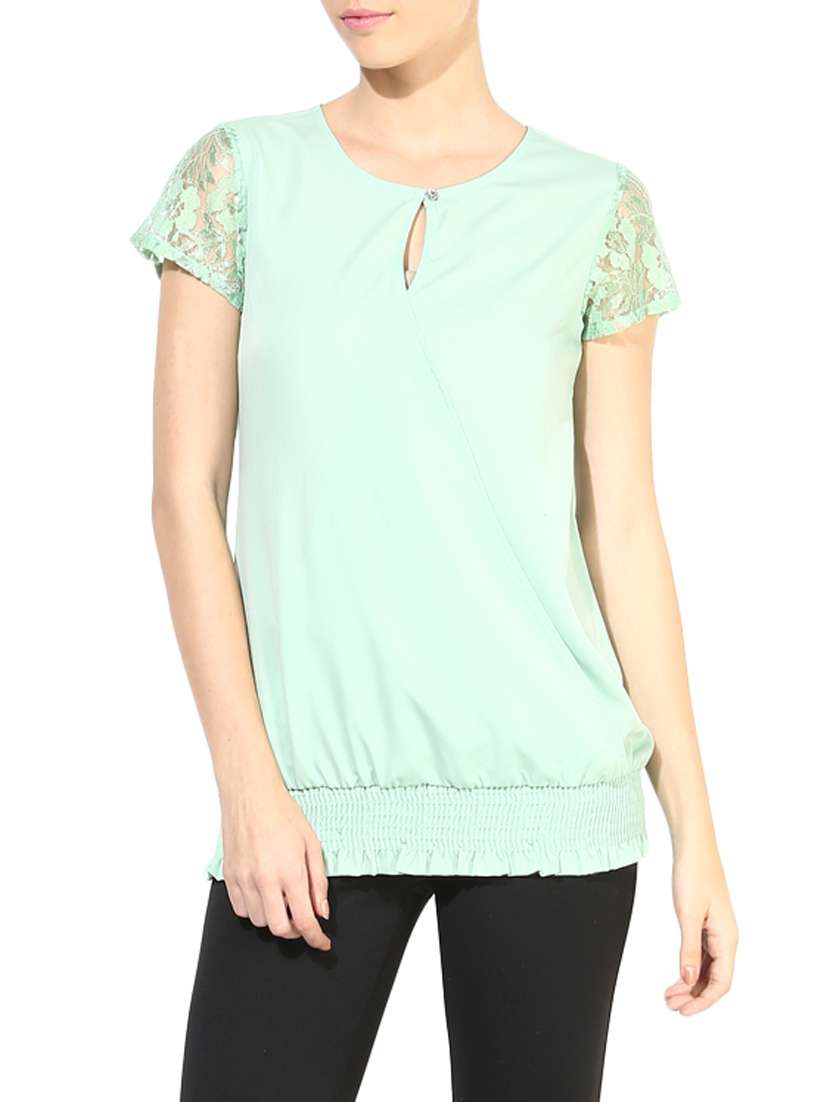 the vanca mint green lace detailed top with smocked hem