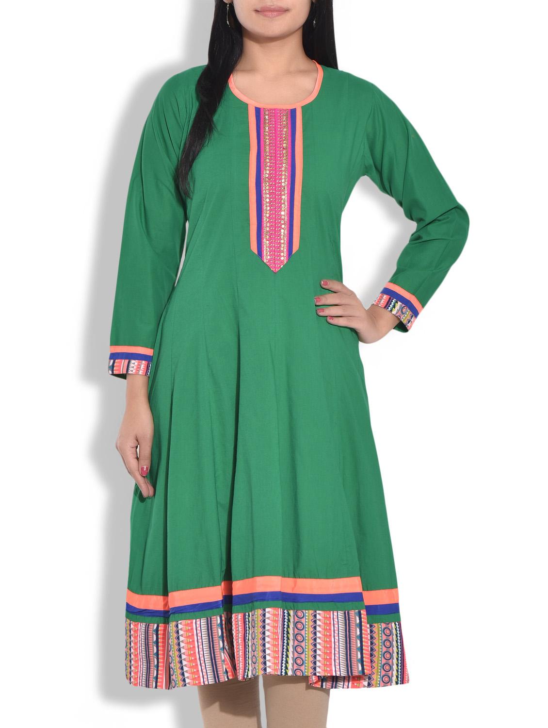 green printed cotton anarkali kurta