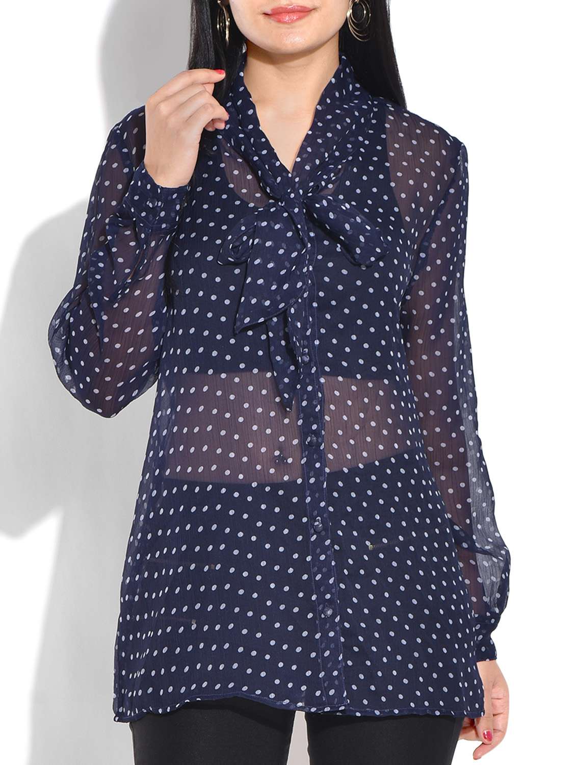 polka dots blue poly chiffon top