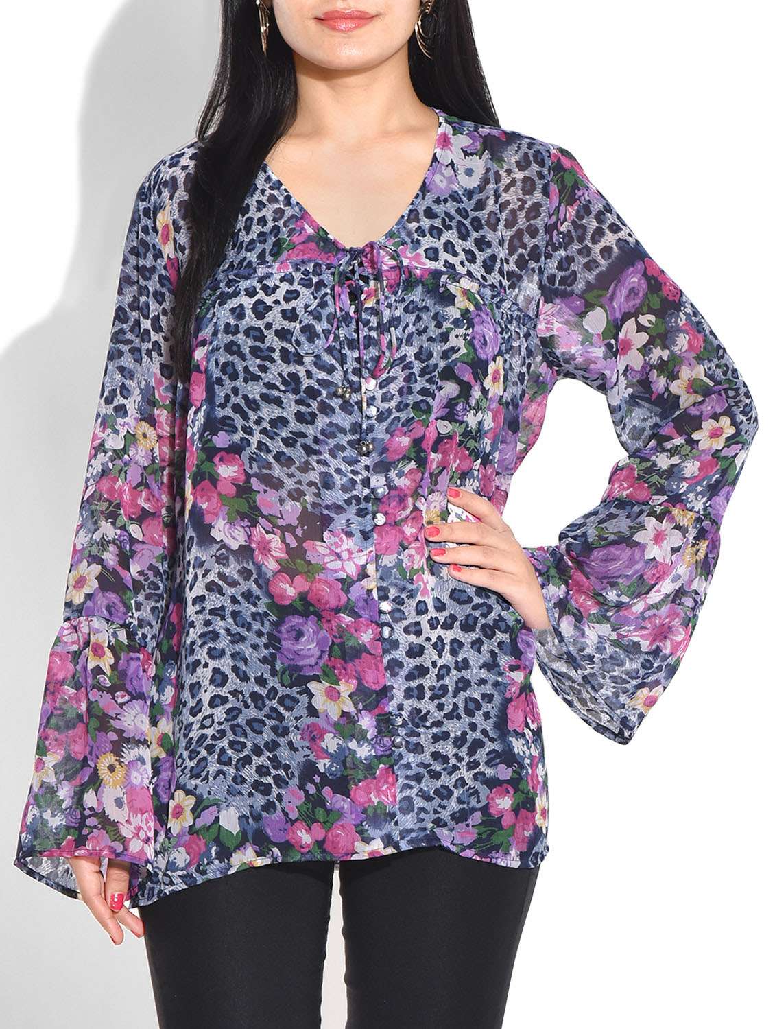 blue animal print poly georgette  top